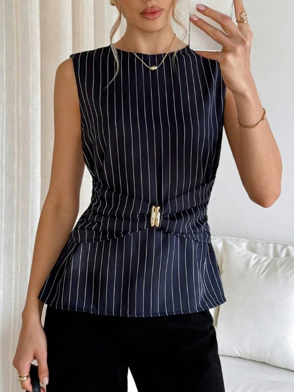 Navy Blue Casual Women's Striped Regular Fit Peplum Shirt
